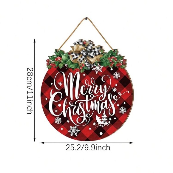 NWT- Beautiful Merry Christmas Red Buffalo Check- Round Wooden Decoration Sign - Picture 6 of 6